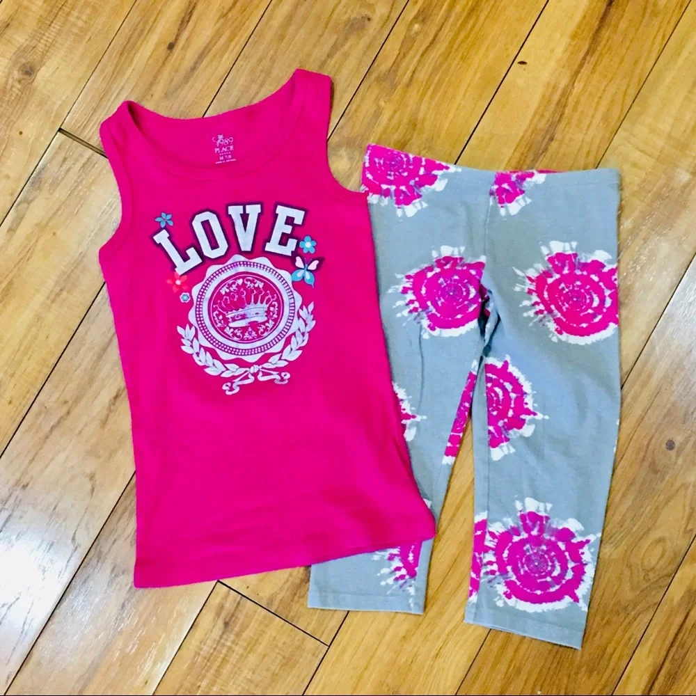 Love pink tank top shirt and matching grey gray leggings pants -girl 7 8… - Picture 2 of 3